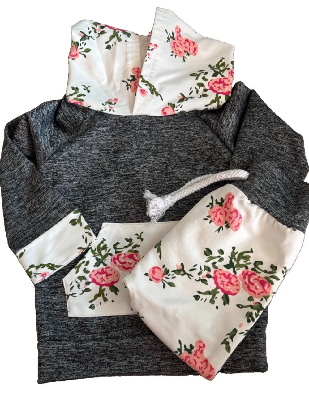Kids Floral Lined Hoodie Matching Set - Gray and Pink